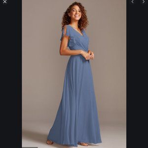 Steel Blue Flutter Sleeve Bridesmaid Dress